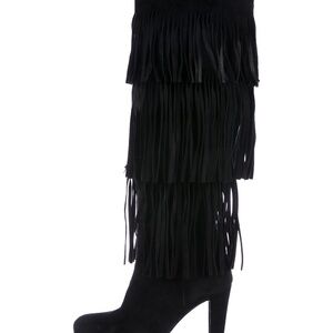 Stuart Weitzman Black Suede Heeled Knee-High Boots with Fringe size 7